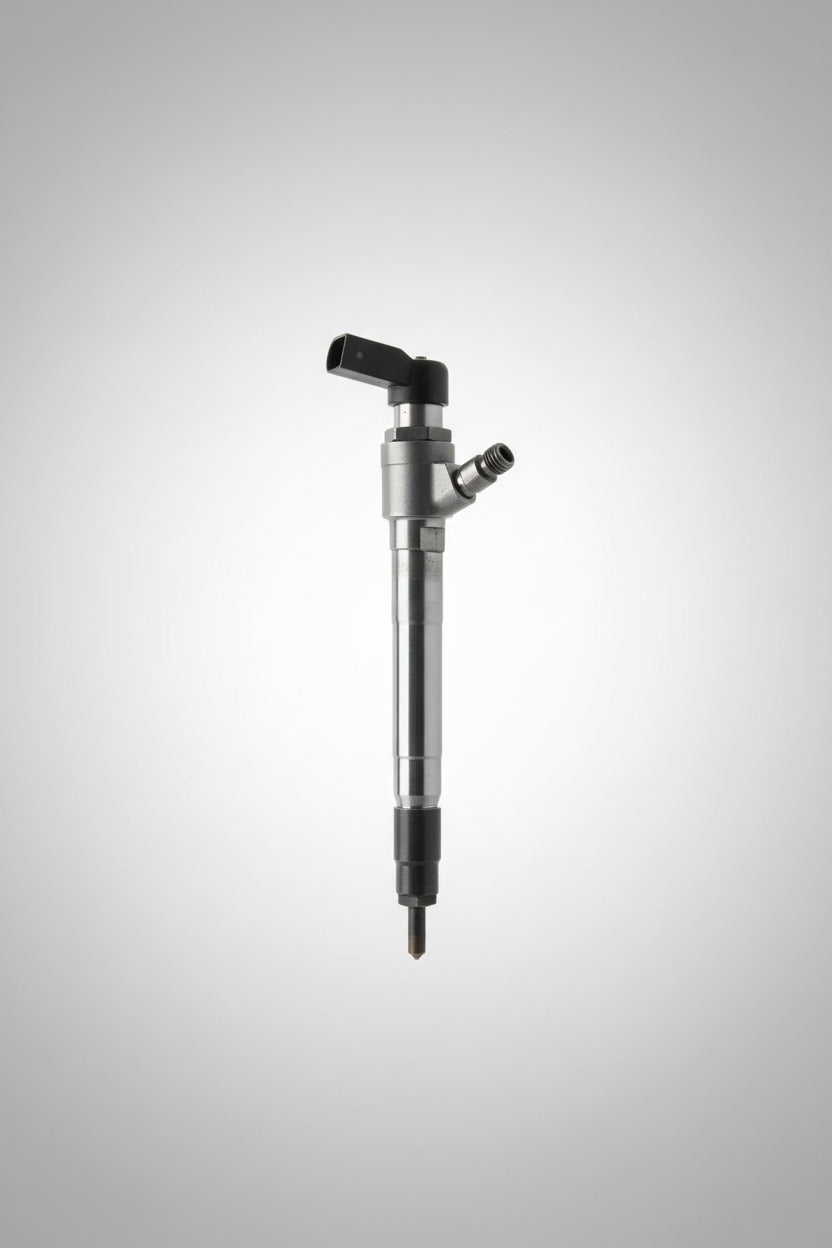 A single automotive fuel injector or similar metal mechanical part with black plastic fittings, photographed on a brushed stainless steel surface.
